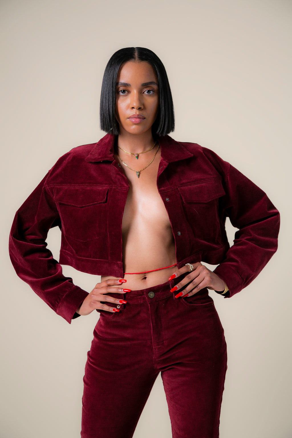 Burgundy TIÉR Cropped Corduroy Jacket