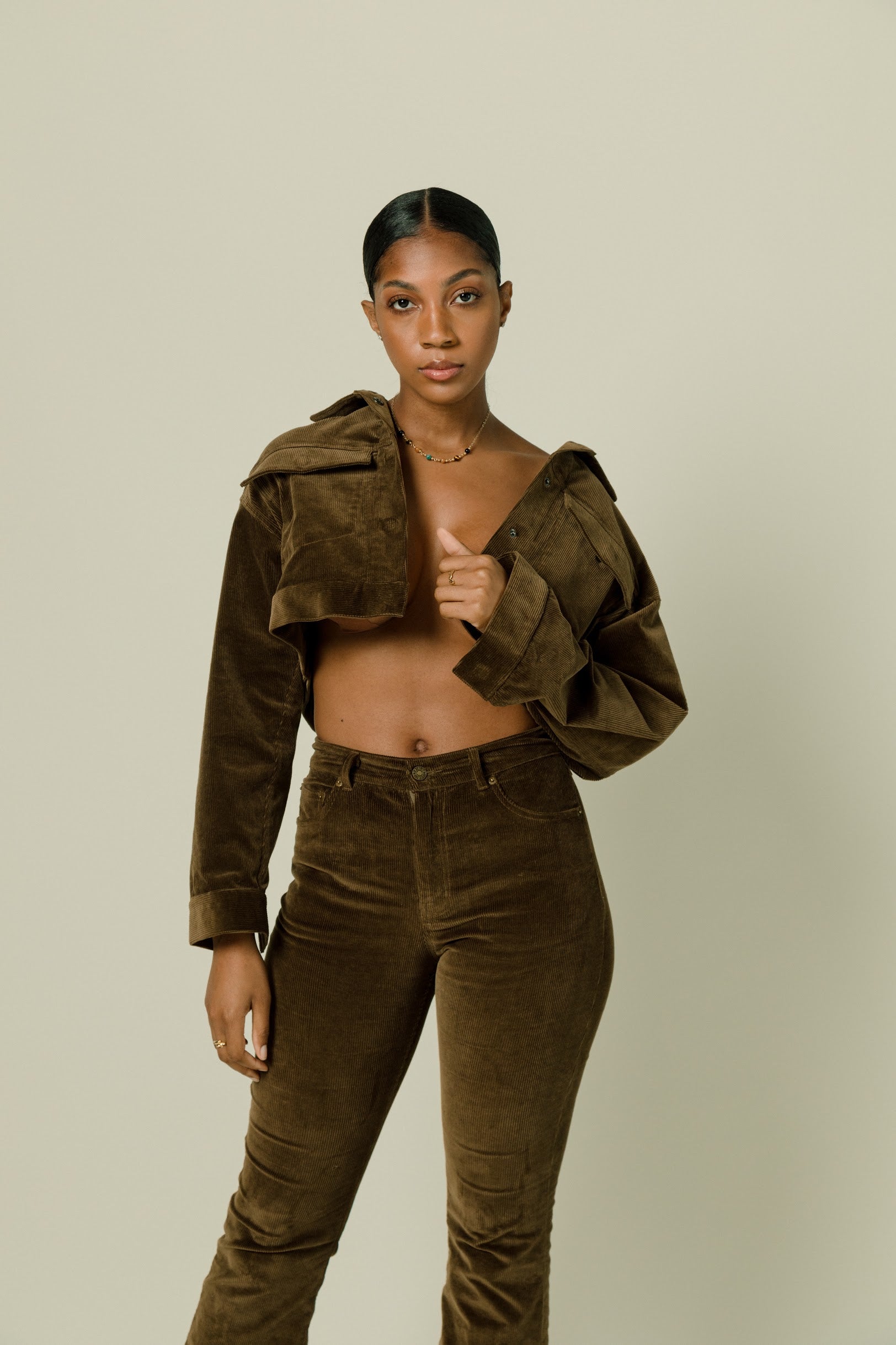 Olive TIÉR Corduroy Cropped Jacket
