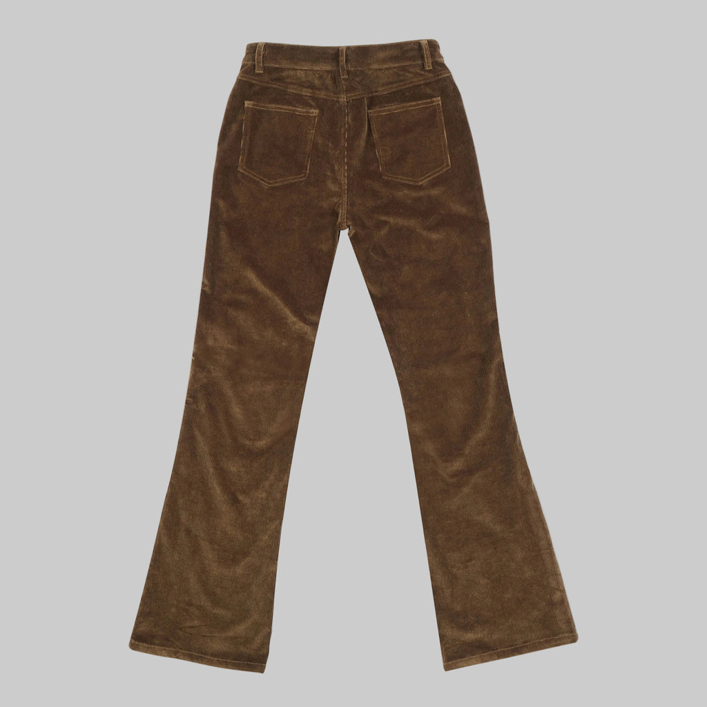 Olive corduroy pants shown from the back, featuring a high waist, belt loops, and two back pockets, laid flat on a white background.